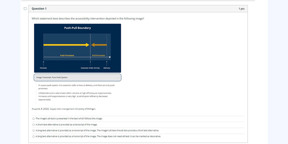 Screenshot of a course quiz on text alternatives