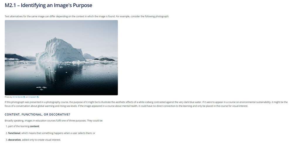 Module 2 Opening Screen for the course Text Alternatives
