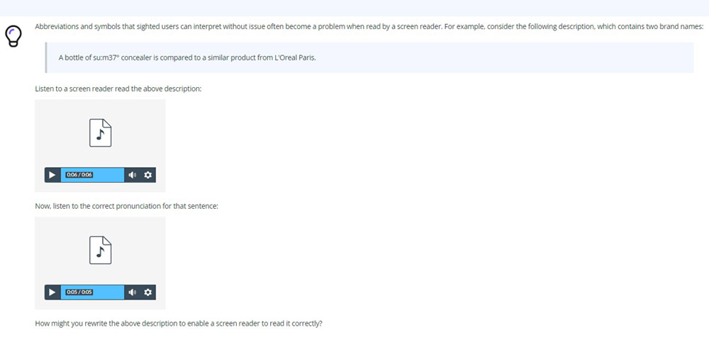 Screenshot of a course activity about writing text for screen readers