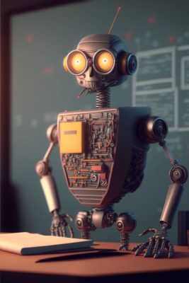Robot standing in front of chalkboard to illustrate ai in education.